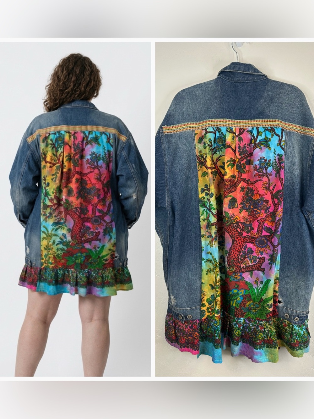 Bohemian Denim Jacket Women's XL 1X Tie Dye Tree Birds Boho Festival Art Nature
